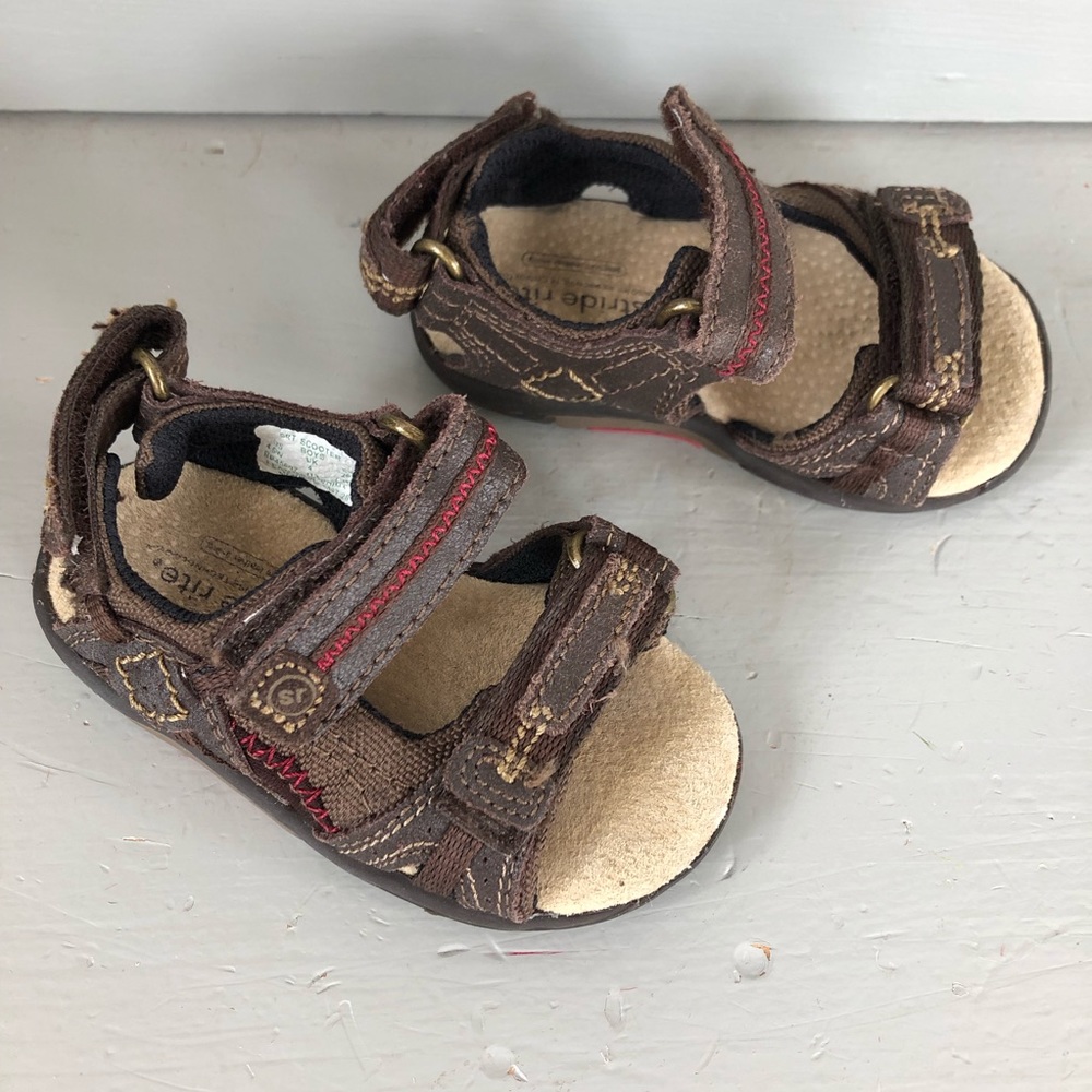 Stride Rite Toddler Brown Leather Velcro Sandals with Red Accent